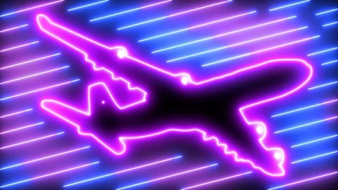 Neon, digital plane on sky with led light. Technology, travel and business Stock Footage 115128332