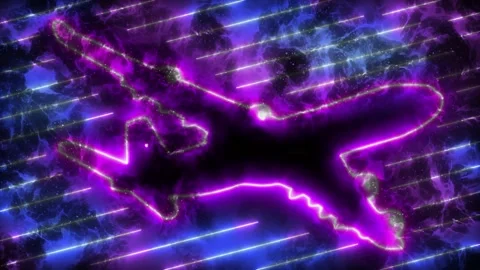 Neon, digital plane on sky with led light. Technology, travel and business co Stock Footage 147102818