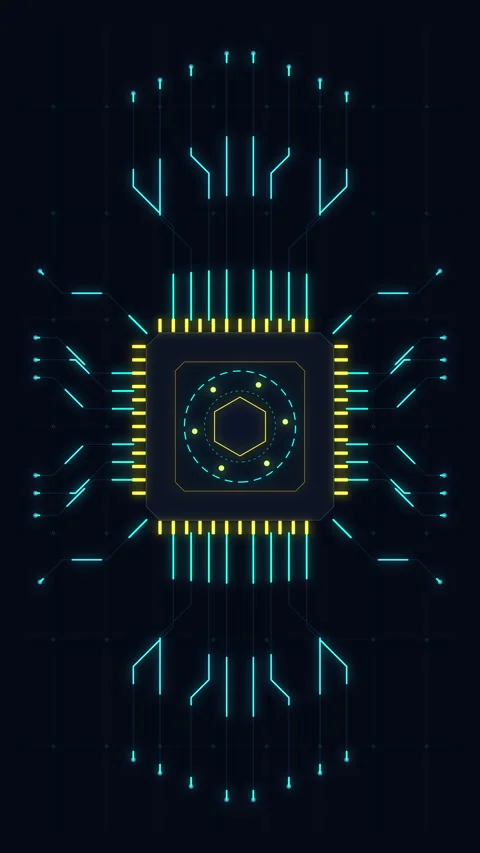Neon digital processor chip interface with glowing data lines, circuit boar.. Stock Footage 348342354