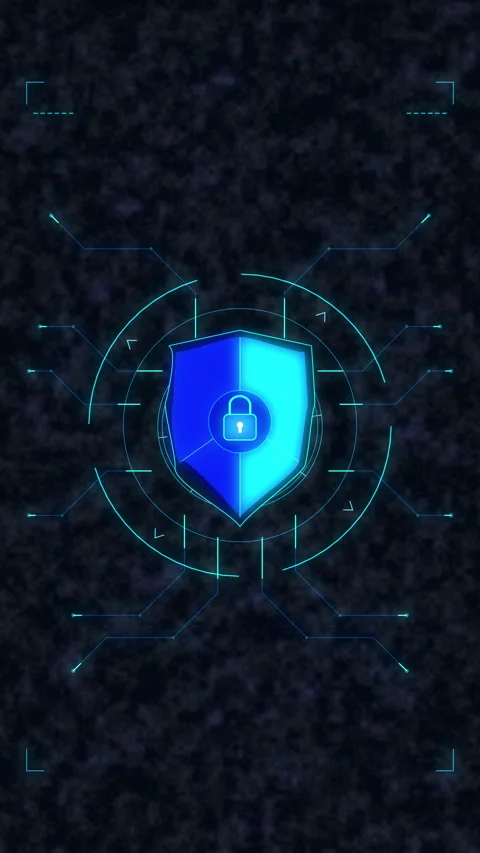 Neon digital shield security lock with interface elements Stock Footage 348342570