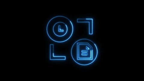 Neon digital time and document icons with blue lines on black background Stock Footage 334920364