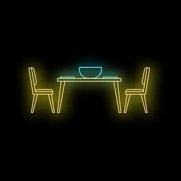 Neon dining table and chairs glowing outline Stock Illustration