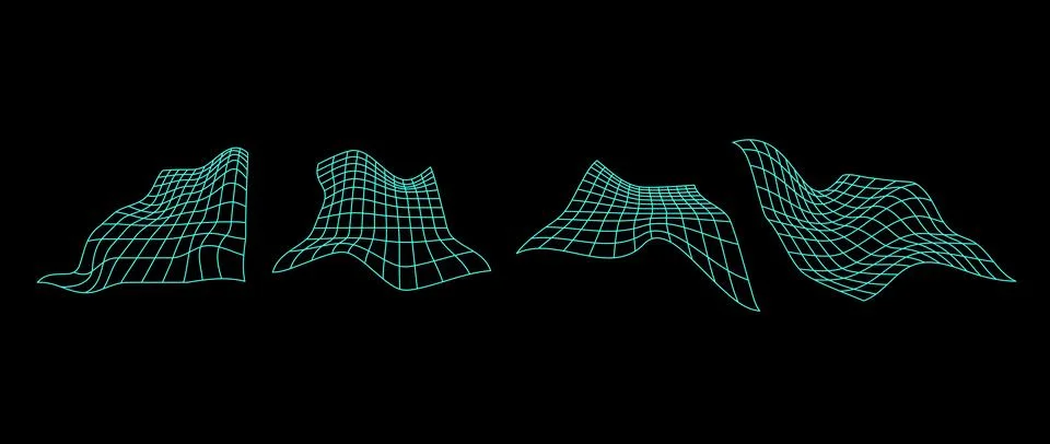 Neon distorted perspective grid pack. Glitch rectangle plane set on dark Stock Illustration