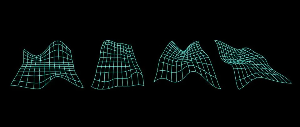 Neon distorted perspective grid pack. Glitch rectangle plane set on dark Stock Illustration