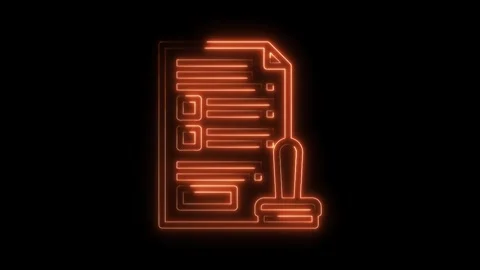 Neon document and stamp illustration glowing orange on a black background Stock Footage 322971794