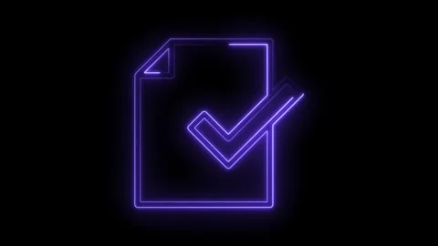 Neon document animation with check mark glowing purple on a black background Stock Footage 315960782