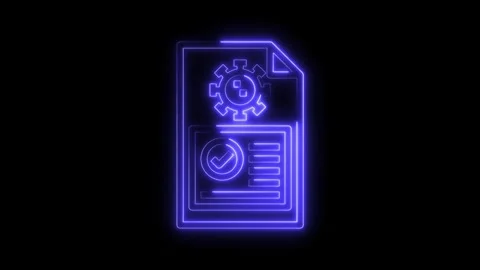 Neon document automation process with gear and tick mark on a black background Stock Footage 322971203