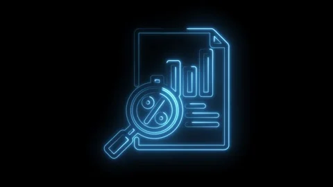 Neon document with bar chart and percentage magnifying glass glowing blue o.. Stock Footage 346001445