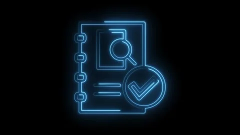 Neon document check list with magnifying glass approval glowing animation Stock Footage 312319264
