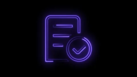 Neon document with check mark glowing light animation on black background c.. Stock Footage 314544757