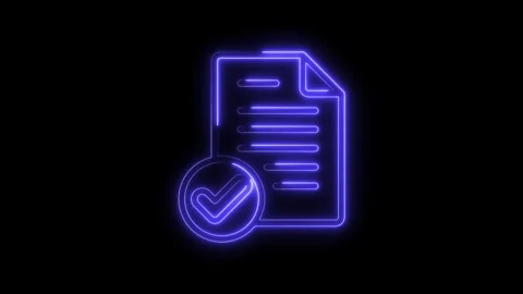 Neon document with check mark glowing in blue indicating approval and validation Stock Footage 322966482