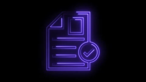 Neon document with check mark glowing on a dark background seamless loop Stock Footage 322977587