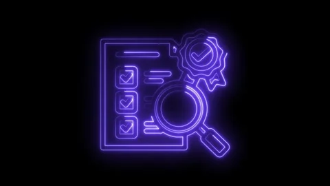 Neon document checklist with magnifying glass and approval seal illustrating Stock Footage 330781400
