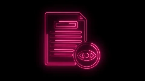 Neon document with eye security icon glowing pink animation on black backgrou Stock Footage 345999435