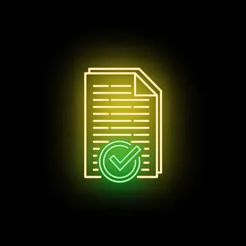 Neon document file verification checkmark icon Stock Illustration