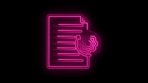 Neon document with gear and arrows glowing pink on icon black background Stock Footage 333963742