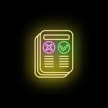 Neon document glowing with check mark and cross Stock Illustration