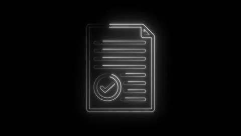 Neon Document Icon with Check Mark Approval Symbol Glowing White on Black Stock Footage 333957679