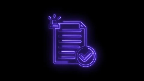 Neon document icon with checkmark and alert light glowing purple on black Stock Footage 333963846