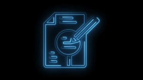 Neon document magnifying glass and pencil icon animation for business analysis Stock Footage 322984703