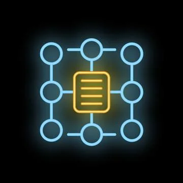 Neon document management system icon glowing on dark background Stock Illustration