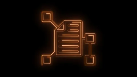 Neon document outline connecting to network nodes on black background Stock Footage 322974893