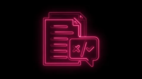 Neon document review with approval checkmarks,abstract glowing sign on dark Stock Footage 330777802