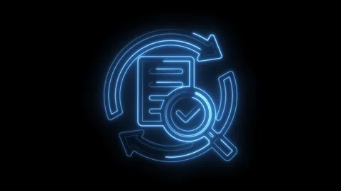 Neon document review process with magnifying glass and check mark on black .. Stock Footage 346000506