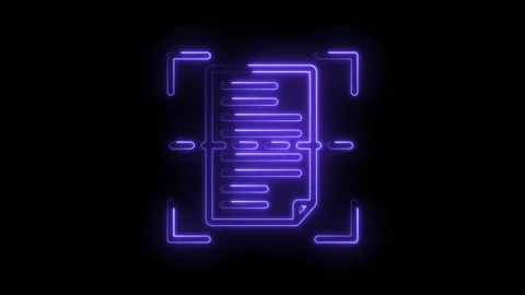 Neon document scan icon glowing purple abstract lines on black background Stock Footage 333967905