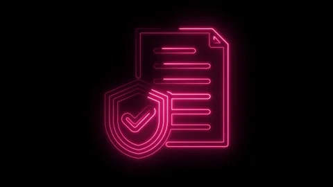 Neon document with shield and check mark icon animation on black background.. Stock Footage 346000996