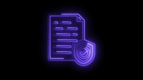 Neon document with shield and checkmark glowing purple on black background Stock Footage 333954991