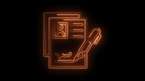 Neon document signing animation featuring contract agreement and pen on dark 스톡 동영상 322974718