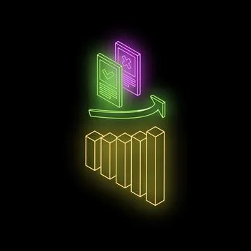Neon documents with check and cross marks transforming into growing bar chart 스톡 일러스트