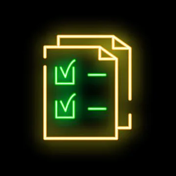 Neon documents with check marks on black background Stock Illustration