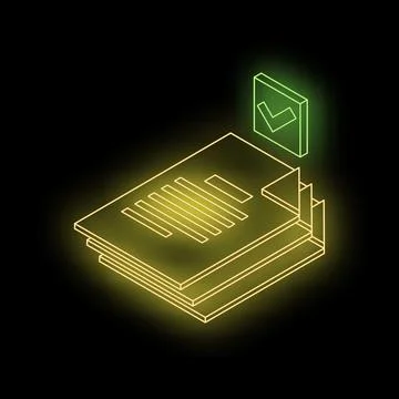 Neon documents stack with green check mark on black background イラスト素材