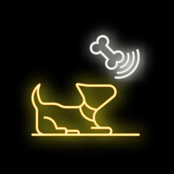 Neon dog smelling bone icon, pet shop logo sign Stock Illustration