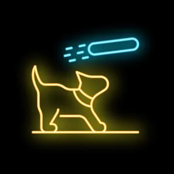 Neon dog walking under falling bone sign on black background Stock Illustration