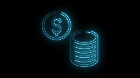 Neon dollar coin and stack glowing on black background animation Stock Footage 322977823