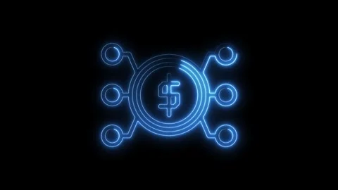 Neon dollar coin connected to nodes representing digital money transfer and Stock Footage 322969927