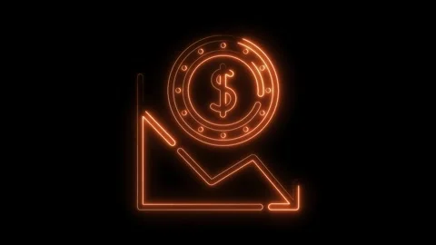 Neon dollar coin with decreasing graph financial market stock trading loss Stock Footage 322969874