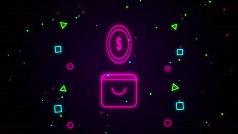 Neon dollar coin icon falling into shopping bag graphic animation on brick .. Stock Footage 344651415