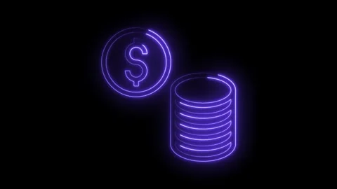 Neon dollar coin stack animation glowing purple on black background Stock Footage 322977821