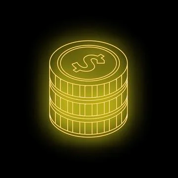 Neon dollar coin stack glowing on dark background Stock Illustration
