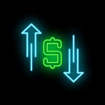 Neon dollar sign between up and down arrows showing market volatility Stock Illustration