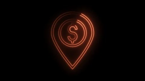 Neon dollar sign with location pointer on black background animation Video stock 322977764