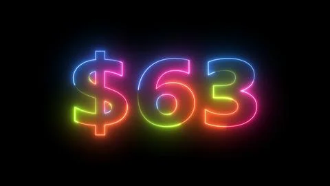 Neon dollar sign with number 63 glowing light effect on dark backdrop Stock Illustration