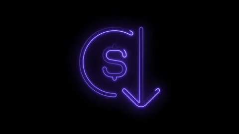 Neon dollar symbol with downward arrow on black background depicting price .. Stock Footage 314548331