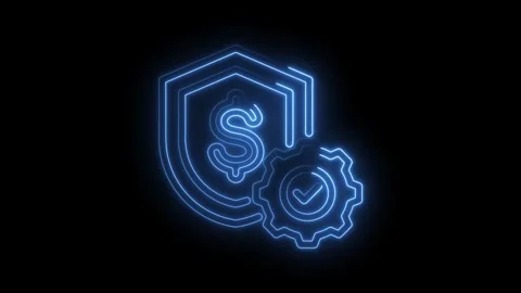 Neon dollar symbol protection shield and settings cogwheel glowing on a dark Stock Footage 330783424