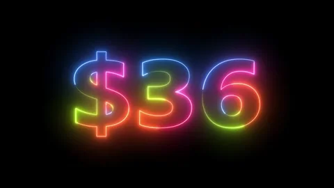 Neon dollar thirty-six with rainbow glow loop animation on black background.. Vidéo 330412946