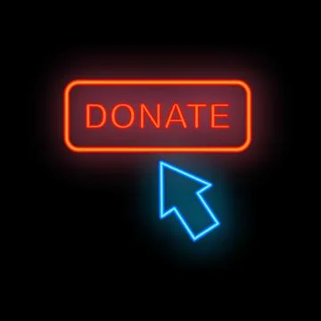 Neon donate button with cursor pointing on black background Stock Illustration
